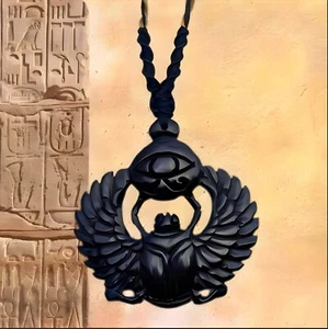 Egyptian Scarab with Eye of Horus Pendant Necklace Black Horn Handmade Macrame - Picture 1 of 5