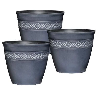 Corinthian Round Resin Flower Planter Pot Storm Blue 8" Pack of 3 - Image 1 of 3