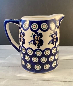POTTERY PITCHER, BOLESLAWIEC POLISH HANDMADE POLAND Peacock Floral Holds 3 Cups - Picture 1 of 8