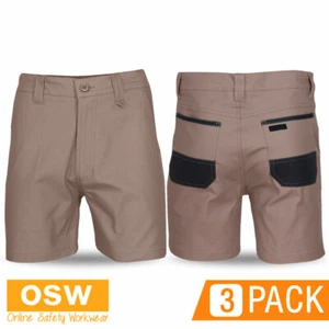 3 x Mens KHAKI/BLACK Cotton/Elastane Stretch SLIM Fit Tradies Work Shorts - Foto 1 di 5