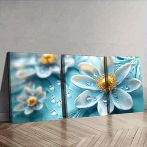 3pcs Featuring Turquoise Glass Flowers Wall Art Canvas Unframed/Framed - Picture 1 of 9