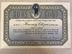 BOYS TOWN Honorary Citizen Certificate 1951 Boys Town Nebraska Joseph E Denning. - Picture 1 of 6