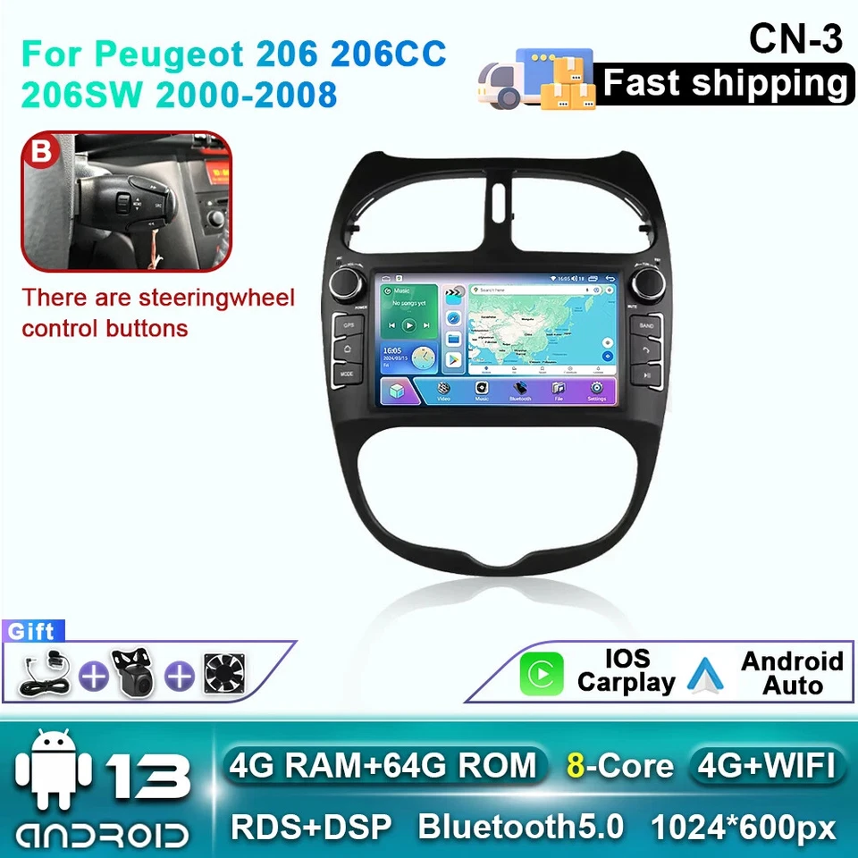For PEUGEOT 206 206CC 206SW 2000-2008 CarPlay Car Radio GPS Video Player Screen - Image 1 of 4