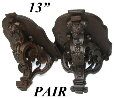 PAIR: Antique Victorian Era 13" Carved Oak Wall Bracket Shelf, Acanthus Accents - Image 1 of 4