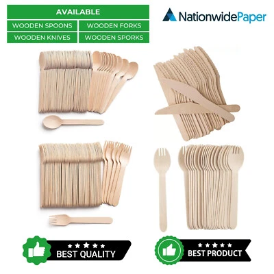 NATIONWIDE PAPER Wooden Spoon Knife Fork Disposable Cutlery Set Party Catering Tableware Takeaway