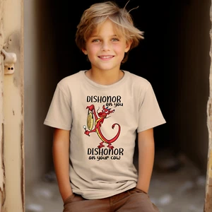 Gildan Heavy Cotton Boys T-Shirt-S-XL-Mulan-Mushu-'Dishonor on your Cow" Gift - Picture 1 of 8