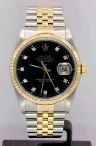 Mens Rolex 16233 Two-Tone Datejust Watch w/ Factory Black Diamond Dial Excellent - Picture 1 of 9