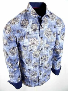 Mens Luxury Shirt Blue Florals Gold Foil Outlines Slim Fit Designer Casual - Picture 1 of 6