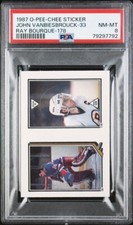 1987 O-PEE-CHEE STICKER R. BOURQUE #178/VANBIESBROUCK #33 PSA 8 POP 3, 2 HIGHER