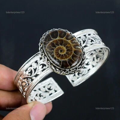 Oferta de San Valentín 925 Plata de Ley Amonita Fósil Piedras Preciosas Boho Brazalete Joyería Foto 1 de 4