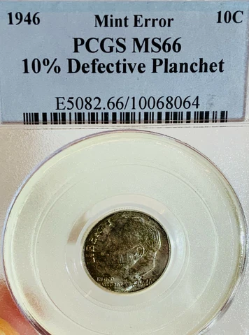 Mint Error 1946 10C Roosevelt 10% Defective Planchet PCGS MS 66 Cover
