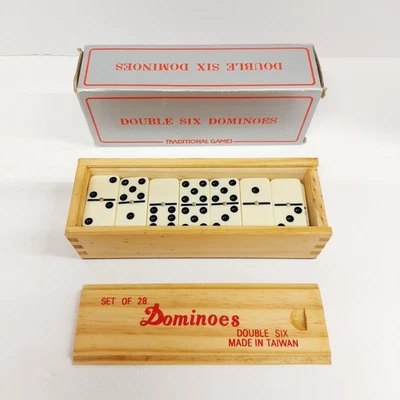 Vintage Dominoes Double Six Set of 28 Brass Studded Dominoes in Wood Box - Image 1 of 4