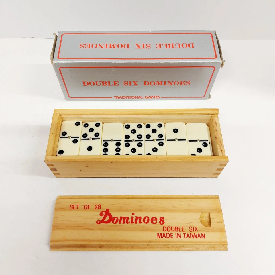Vintage Dominoes Double Six Set of 28 Brass Studded Dominoes in Wood Box - Image 1 of 4