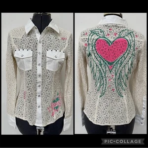 NEW SINFUL by AFFLICTION CREAMY WHITE LACE WESTERN BLOUSE GRAFITTI HEART SNAPS S - Picture 1 of 8