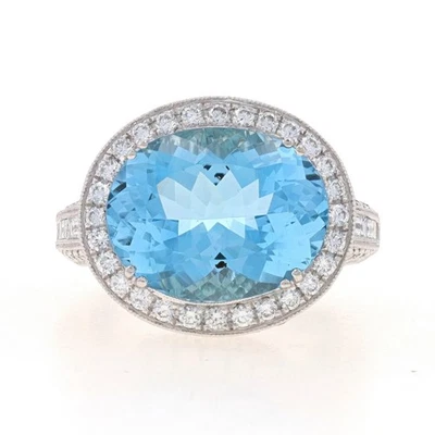 Anillo Simon G. Aguamarina y Halo de Diamantes - Oro Blanco 18k Ovalado 8.28ctw Talla 6 1/4 Foto 1 de 4
