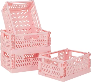 4-Pack Pink Baskets Plastic Storage Crate Small Baskets for Organizing Collapsib - Picture 1 of 12