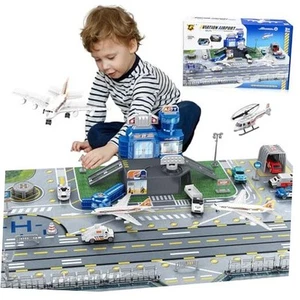 Airplane Toy Set with Trucks, Helicopter, Planes, Signs and Airport Playmat, - Picture 1 of 8