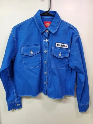 Dickies Denim Jean Jacket Size Small Trucker Blue Cropped Logo Frayed Hem Button - Image 1 of 4