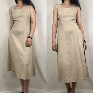 Vintage 90s Oatmeal Beige Linen A-Line Dress - Picture 1 of 8