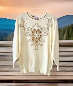 MONDI Germany Size 34 S Embroidered Knit Pullover Sweater Ivory White Gold NWT - Picture 1 of 11