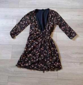 Urban Outfitters Black Floral Mesh Dress Short Side Tie Wrap Lace Edging UK10/12 - Picture 1 of 19