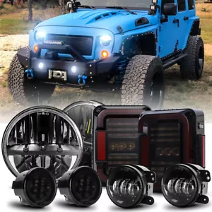 For Jeep Wrangler JK 07-2018 7" LED Headlights Fog Turn Signal Smoked Tail Lamp - Picture 1 of 16