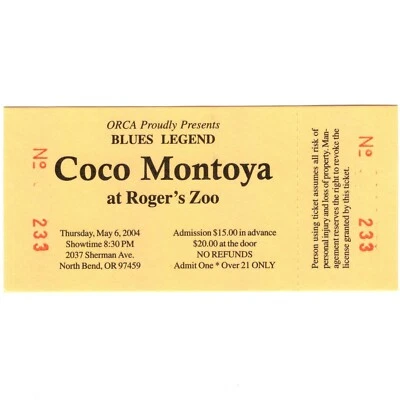 COCO MONTOYA Concert Ticket Stub NORTH BEND OREGON 5/6/04 ROGER'S ZOO BLUES Rare - Image 1 of 2