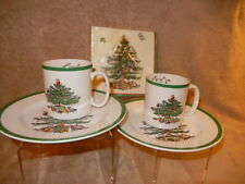 Set of 2 Spode Christmas Tree Salad Plates & Mugs/Cups + Free Napkins New Other