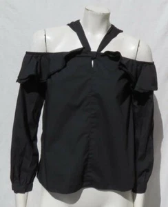 J CREW Black Cotton Poplin Off Shoulder Tie Neck Ruffle Blouse Shirt Top US XS 2 - Picture 1 of 5