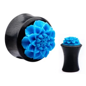 PAIR-Wood Arang w/Blue Flower Saddle Flare Ear Plugs 12mm/1/2" Gauge - Picture 1 of 4