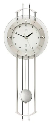 AMS 5248 Wanduhr Funk Funkwanduhr mit Pendel silbern modern Pendeluhr mit Glas - Bild 1 von 2