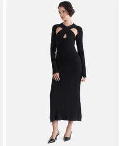 Ena Pelly Black Twist Front Knit Midi Dress Size 10 /US 6 RRP $300 Stretch - Picture 1 of 16
