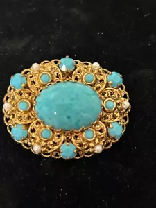Vintage Filigree Turquoise Peking Glass Faux Pearl West Germany Pin Brooch - Picture 1 of 10