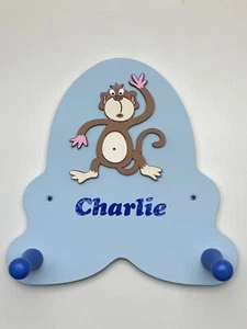 Kids / Child’s Coat Peg / Hanger Pastel Blue Painted Wood Cheeky Monkey Design - Picture 1 of 2