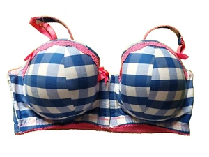 Ltd Collection M&S Blue Mix Check Boost Padded Front Fastening Balcony Bra 34C - Picture 1 of 3