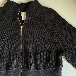 Chico’s Black Wool Blend Gold Full Zip 3/4 Sleeve Cardigan Sweater Womens 2 (L) - Picture 1 of 7
