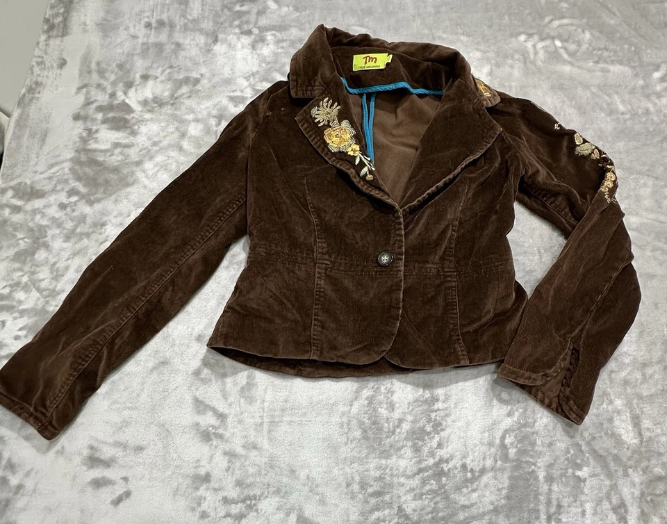 Chaqueta para mujer TM True Meaning talla mediana marrón bordado flores botón * Foto 1 de 4