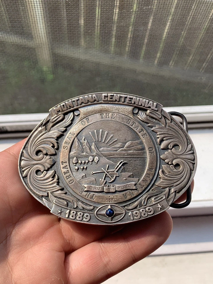 Hebilla de zafiro centenario Montana 1989 plata esterlina detallada pesada vintage Foto 1 de 3