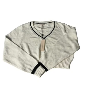 BCBG Generation Women's Cream Cropped V Neck Sweater Black Trim Large - Picture 1 of 7