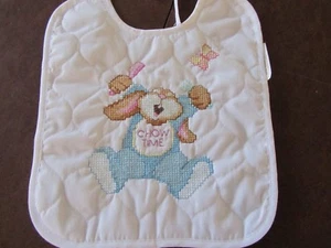  Handmade cross stitched bib - Cute rabbit anxious for "chow time" - white - Picture 1 of 2