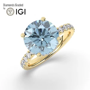 Round Solitaire 18K Yellow Gold Vivid Blue Engagement Ring,5 ct, Labgrown IGI - Picture 1 of 15