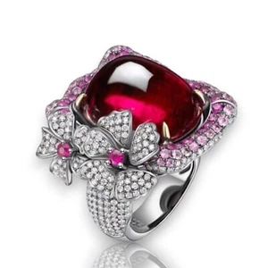 Lab-Created Ruby Flower Ring 935 Argentium Silver For Her Cocktail Party Jewelry - Picture 1 of 6