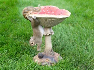 Squirrel on Toadstool Birdfeeder Bird Feeder Birdbath Garden Ornament Statue - Picture 1 of 2