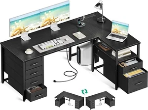 Shaped Computer Desk with 5 Drawers &1 Large File Drawer, Recessed Power Outlet - Picture 1 of 8