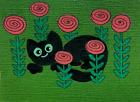 ACEO Original Art Black Kitty Cat Kitten in a Garden of Red Flowers by Saulite