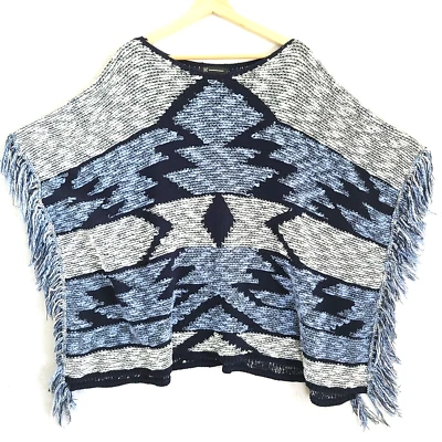 Suéter INC Mujer L XL Azul Poncho Patrón Azteca Flecos Foto 1 de 4