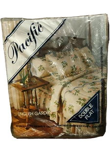 Vintage ENGLISCHER GARTEN komplettes flaches Blatt PAZIFIK blau Blumen gewellter Rand doppelt neu in Verpackung - Bild 1 von 6