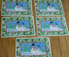 5 Vintage Retro Vinyl Placemats Christmas Snowman Tree Candy Cane  18”x12”- VGUC