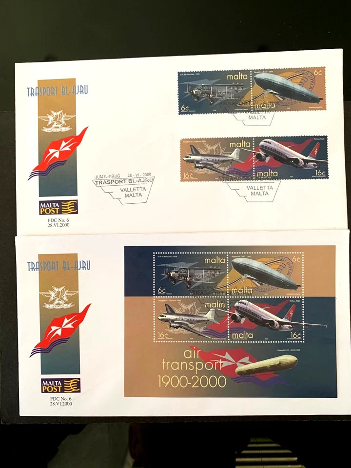 MALTA 2000 AIR TRANSPORT CENTENARY 4v & 4v M/S FIRST DAY COVERS - VALLETTA SHS - Image 1 of 1