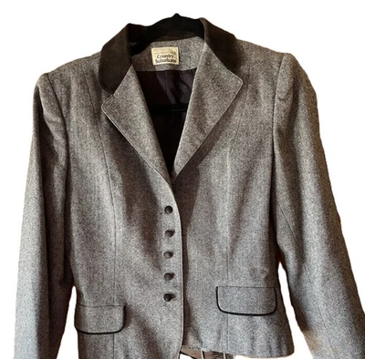 Vtg Country Suburbans Crop Tweed Velvet Collar Button Blazer Jacket Brown SMALL - Image 1 of 4